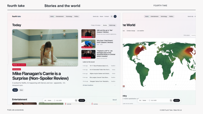 Fourth Take homepage beside the Layers of the World map, shown in light mode.